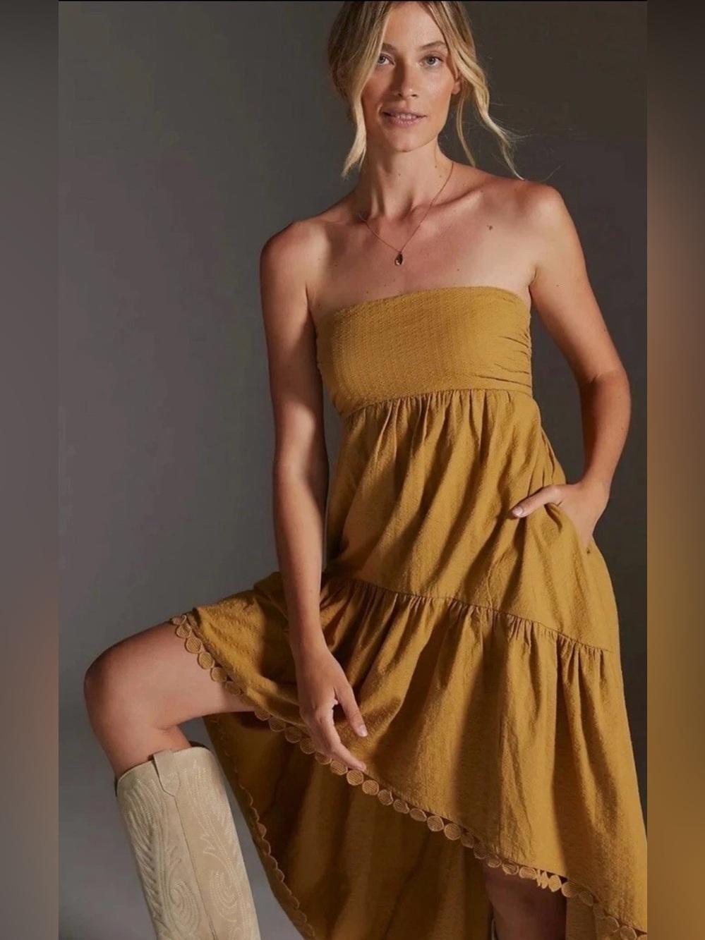Anthropologie Maeve Mustard Seersucker Backless Tiered Maxi Dress - Picture 2 of 12